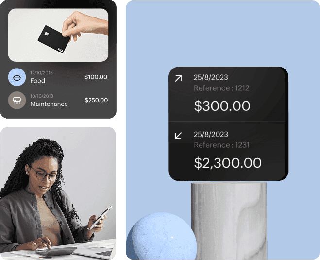 Lockup of a person checking bank statements, and a stylized image of line items from a bank feed.