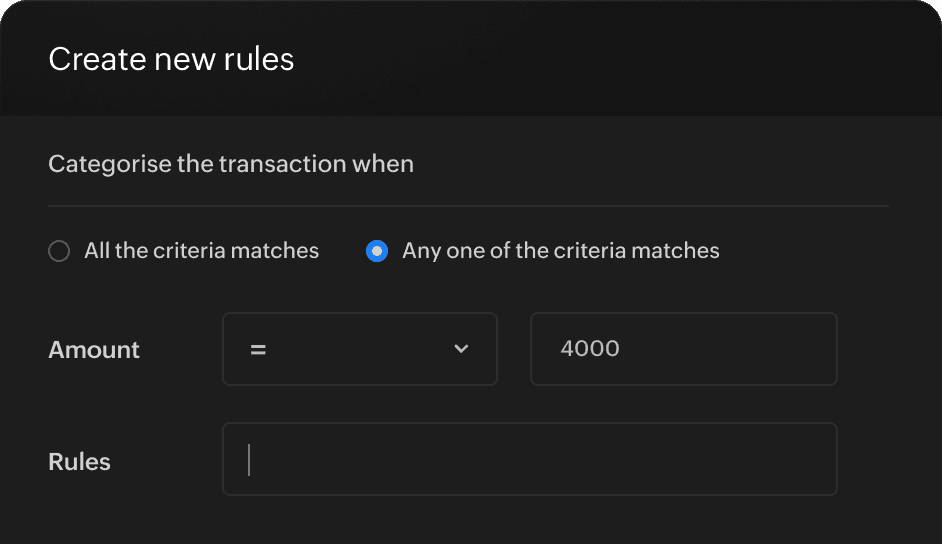 New rule creation tab with fields for setting up criteria with conditions and rules.