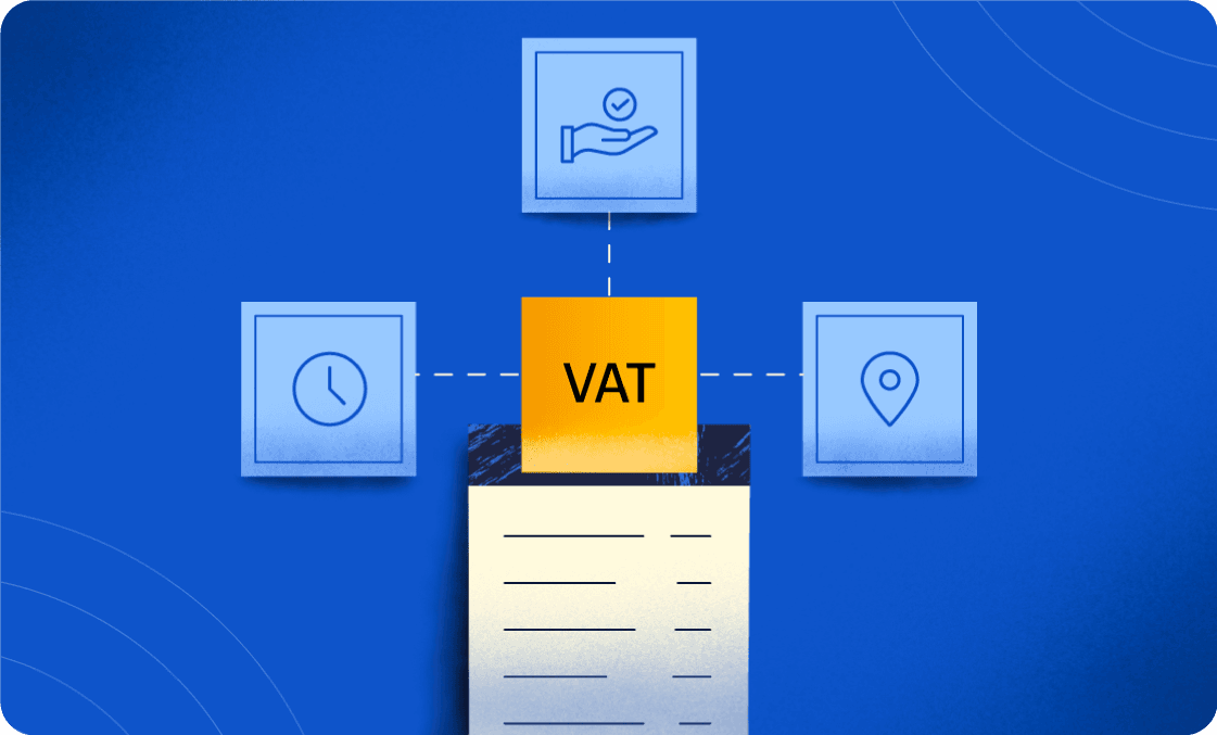 VAT filing graphic with tax form, location, and time icons.